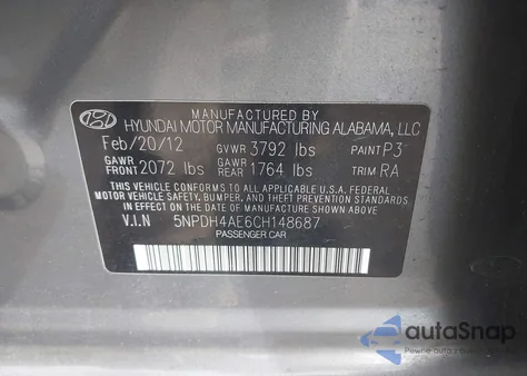 2012 Hyundai Elantra Gls z USA, uszkodzony, nr VIN 5NPDH4AE6CH148687